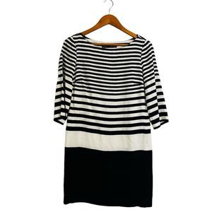 Zara Basic Shirt Dress 3/4 Sleeves Boat Neck Knee Length Striped Black White XS